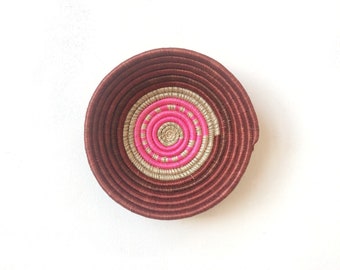 Small African Basket- Lubero // Rwanda Basket // Sisal & Sweetgrass Woven Basket // Dark Red, Maroon, Pink, Sweetgrass