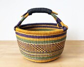 Ghana Market Basket- Sakpa II Bolga Basket African Woven Grass Basket Leather Handle Basket