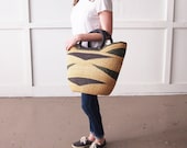 Market Tote- Sunyani Ghana Bolga Basket African Woven Grass Basket Leather Handle Basket