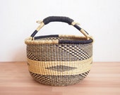 Ghana Market Basket- Volta Bolga Basket African Woven Grass Basket Leather Handle Basket