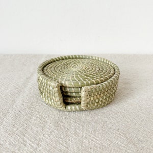 African Coasters Set with Holder- Sweetgrass // Woven in Rwanda // Sweetgrass Barware // Natural Dye-Free Coasters