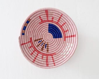 Small African Basket- Ikali // Rwanda Wall Basket // Sisal & Sweetgrass Woven Bowl // Pink, Blue, White, Brown