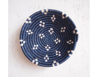 Small African Basket- Kabaya // Rwanda Basket // Sisal & Sweetgrass Woven Basket // Blue, White