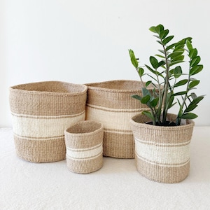African Storage Plant Basket // Kenya Kiondo Basket // Woven Sisal Planter // Striped Sand // Khaki & White