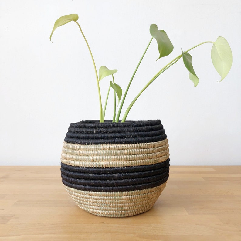 Honey Pot Planter: Nyarutovu // African Basket // Rwanda Sisal & Sweetgrass // Black, Sweetgrass Small