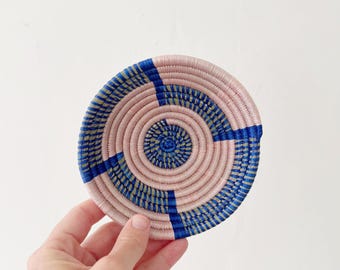 Mini African Basket: Kamina, Sisal & Sweetgrass Woven Key Bowl - Pink and Blue