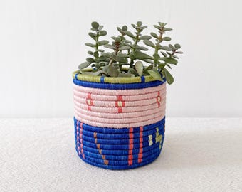 5" Sisal Sweetgrass Basket Planter: Handwoven Rwandan Plant Basket // Pink, Green, Blue // Ibamba