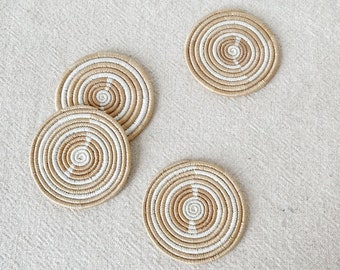 African Coasters Set- Rutovu // Woven in Rwanda // Sisal & Sweetgrass Barware // Tans, White