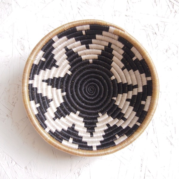 Small African Basket- Chwele // Rwanda Basket // Sisal & Sweetgrass Woven Basket // Black, White, Gold