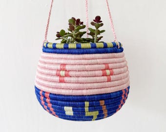 Hanging Woven Planter: Ibamba // African Rwanda Plant Basket // Sisal & Sweetgrass // Pink, Blue, Green