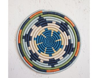 African Woven Trivet- Mwangaza // Rwanda Basket // Sisal & Sweetgrass // Blues, Green, Orange, Yellow, White