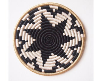 African Woven Trivet- Chwele // Rwanda Basket // Sisal & Sweetgrass // Black, White, Gold
