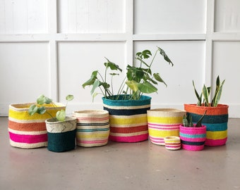 African Storage Plant Basket // Kenya Kiondo Basket // Woven Sisal Planter // Rainbow