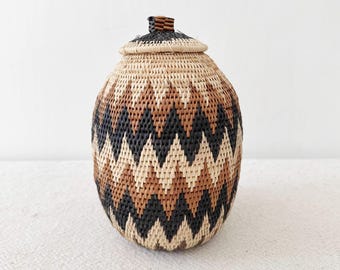 African Zulu Basket // Lidded Palm Basket // Woven in South Africa // F004