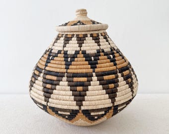 African Zulu Basket // Lidded Palm Basket // Woven in South Africa // F009