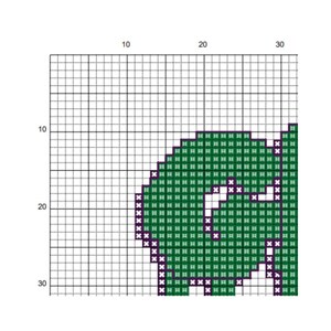 May include: A green pixel art design of a letter G on a white grid background. The letter is outlined in purple.