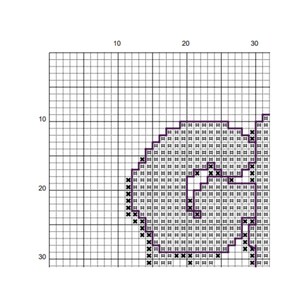 May include: Black and white pixel art design of a heart shape with a purple outline. The heart is made up of small squares, with some squares filled in black to create a pattern.