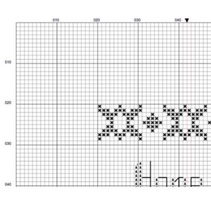 May include: Cross-stitch pattern on graph paper. The design features repeating geometric shapes in black, with the word "Home" stitched below. The grid is marked with numbers and lines for easy reference.