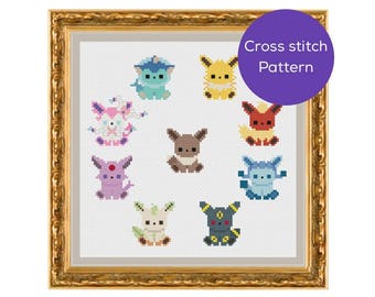 May include: Cross stitch pattern featuring nine different Pokemon characters, including Pikachu, Eevee, and Charmander. The characters are all in a pixelated style and are arranged in a grid pattern. The pattern is framed in a gold frame.