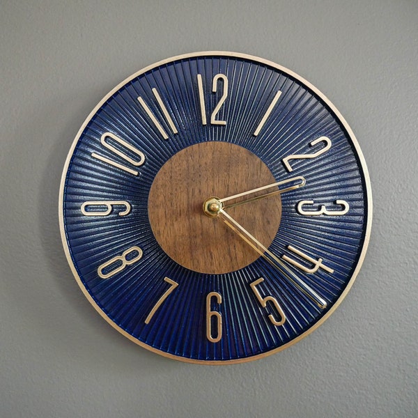 Mid Century Inspired Navy Blue and Walnut Del Ray Wall Clock