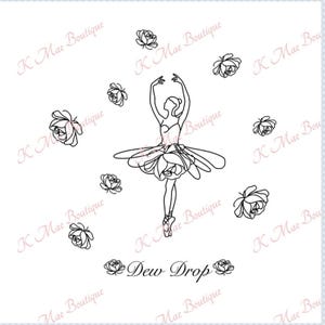 May include: A black line art illustration of a ballerina in a tutu surrounded by eight individual rose outlines. The text "Dew Drop" is printed in a cursive script at the bottom center, with a small rose icon on each side of the text.