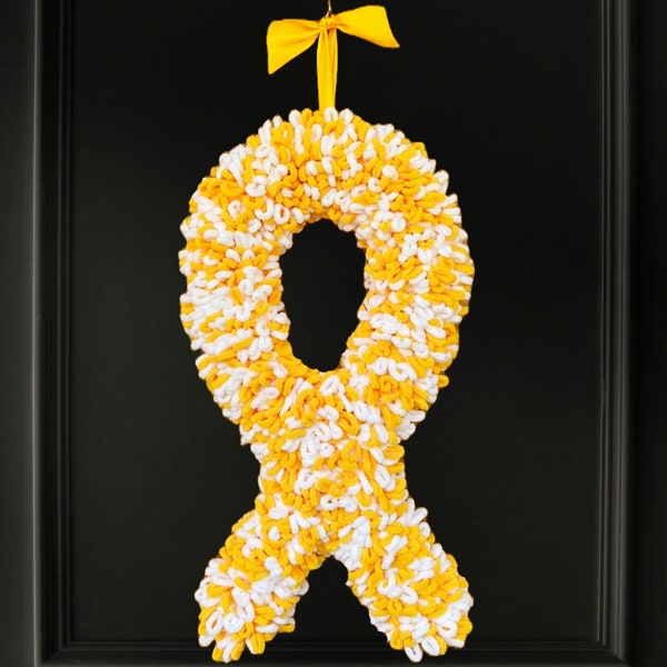 Kranz aus Krebs in der Kindheit | Awareness Ribbon Türschild | Gelbgold Bewusstseinsband Dekor