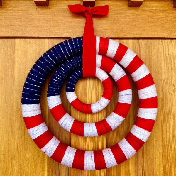 Modern Minimal Patriotic Wreath | Fourth of July Red White and Blue Door Hanger| Simple Americana Yarn Porch Decor