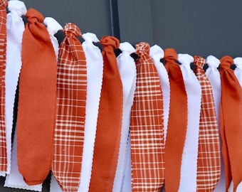 Texas Garland, Burnt Orange and White Fabric Banner, School Spirit Bunting, Tailgate Party Decor, Austin Wall Art, College Graduation Gift