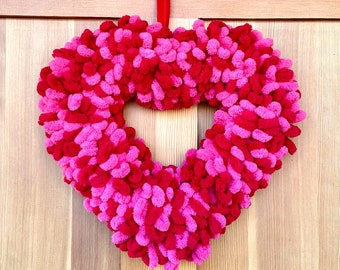 Valentine Yarn Wreath | Bright Pink and Red Fluffy Heart Door Hanger