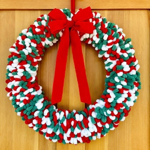 Red Velvet Christmas Wreath | Red, Green, and White Loop Yarn Holiday Door Hanger