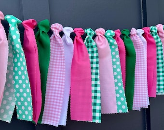 Preppy Pink and Green Fabric Garland, Sorority Bid Day Decor, Gingham Polka Dot Ribbon Banner, Garden Party Backdrop, Recruitment Bunting