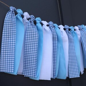 Blue and White Gingham Garland, Boy Baby Shower Backdrop, First Birthday High Chair Bunting image 6