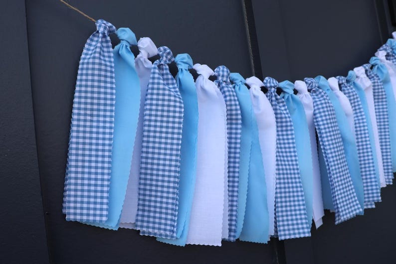 Blue and White Gingham Garland, Boy Baby Shower Backdrop, First Birthday High Chair Bunting image 6
