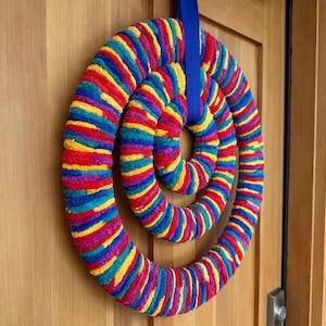 Rainbow Yarn Wreath: Modern Abstract Fiber Art Door Hanger