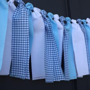 Blue and White Gingham Garland, Boy Baby Shower Backdrop, First Birthday High Chair Bunting image 8