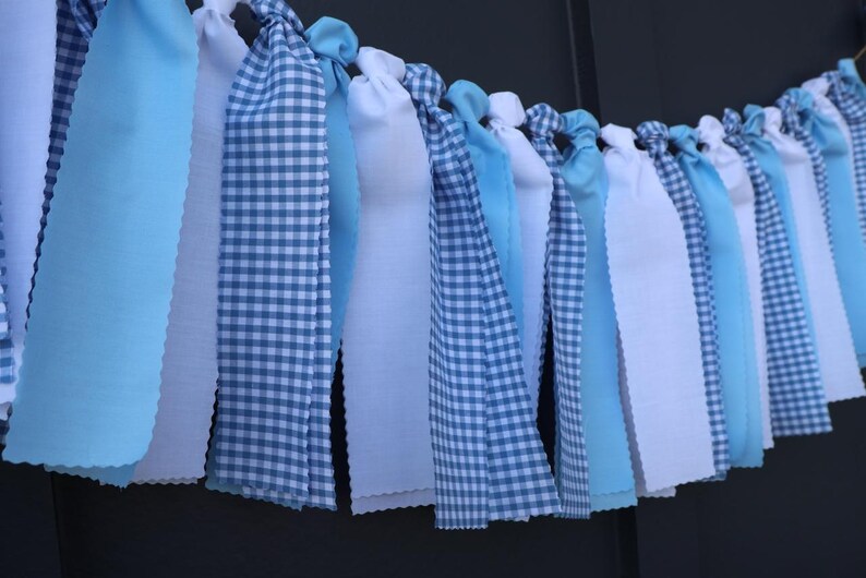 Blue and White Gingham Garland, Boy Baby Shower Backdrop, First Birthday High Chair Bunting image 8