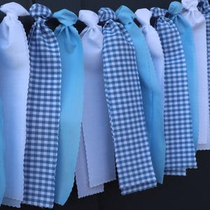 Blue and White Gingham Garland, Boy Baby Shower Backdrop, First Birthday High Chair Bunting image 5