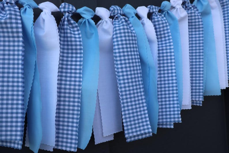 Blue and White Gingham Garland, Boy Baby Shower Backdrop, First Birthday High Chair Bunting image 5