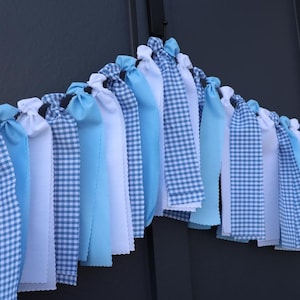 Blue and White Gingham Garland, Boy Baby Shower Backdrop, First Birthday High Chair Bunting image 1