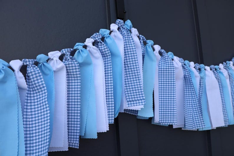 Blue and White Gingham Garland, Boy Baby Shower Backdrop, First Birthday High Chair Bunting image 1