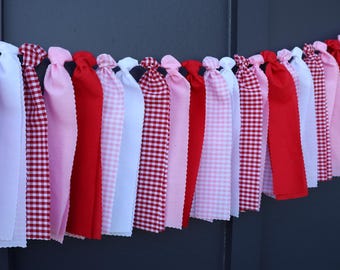 Berry First Birthday Fabric Garland, Valentine Party Banner, Red and Pink Gingham Ribbon Bunting for Mantel