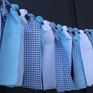 Blue and White Gingham Garland, Boy Baby Shower Backdrop, First Birthday High Chair Bunting image 7