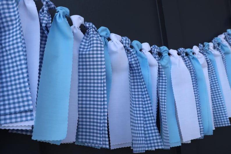 Blue and White Gingham Garland, Boy Baby Shower Backdrop, First Birthday High Chair Bunting image 7