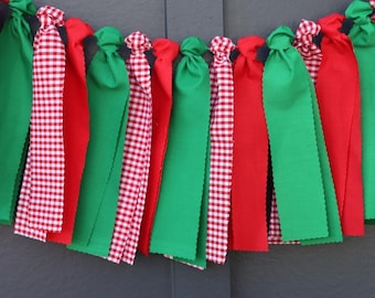 Gingham Christmas Garland, Classic Holiday Banner for Mantel, Ribbon Fabric Bunting, Merry Little Baby Shower Decor, Whimsical Red Check