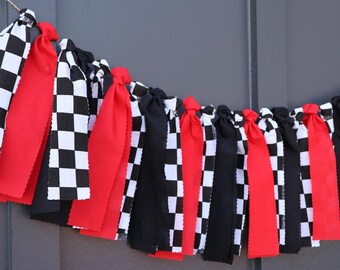 Fast One High Chair Banner, Two Fast Birthday Garland, Race Car Theme Bunting for Boy, Checkered Flag Red and Black Party Backdrop