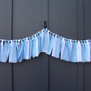 Blue and White Gingham Garland, Boy Baby Shower Backdrop, First Birthday High Chair Bunting image 2