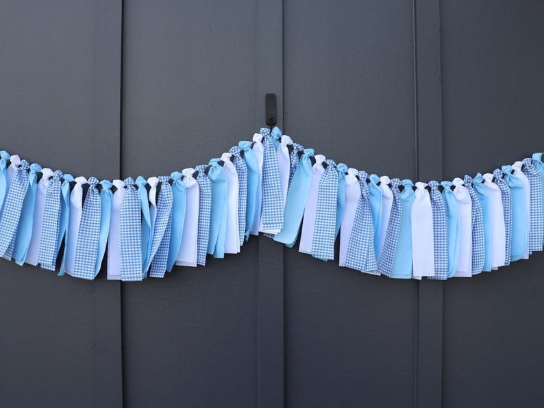 Blue and White Gingham Garland, Boy Baby Shower Backdrop, First Birthday High Chair Bunting image 2