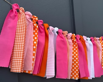 Pink and Orange Fabric Garland, Preppy Dorm Decor, Gingham Polka Dot Ribbon Banner, Sorority House Wall Art, Bachelorette Party Backdrop