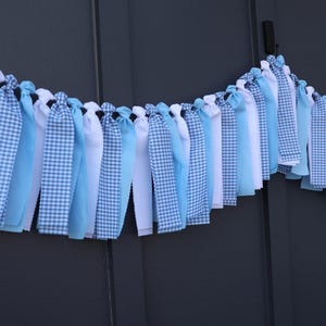 Blue and White Gingham Garland, Boy Baby Shower Backdrop, First Birthday High Chair Bunting image 4