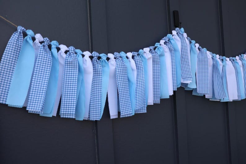 Blue and White Gingham Garland, Boy Baby Shower Backdrop, First Birthday High Chair Bunting image 4